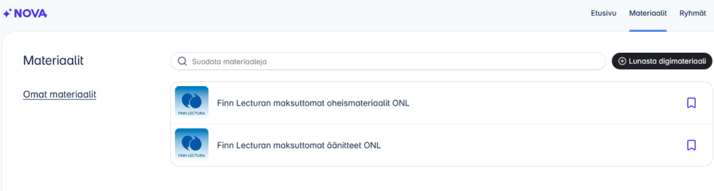 Kuvakaappaus Novan Materiaalit-sivusta, jossa näkyy hakukenttä sekä Finn Lecturan maksuttomat oheismateriaalit ja äänitteet listattuna. Oikeassa yläkulmassa on painike digimateriaalin lunastamiseen.