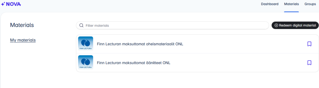 Screenshot of Nova’s Materials page. It shows a search box, free materials and audio files from Finn Lectura, and a button in the top right to redeem digital materials.