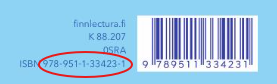 Back cover of a book with a barcode and product information. The ISBN number 978-951-1-33423-1 is marked with a red ellipse.